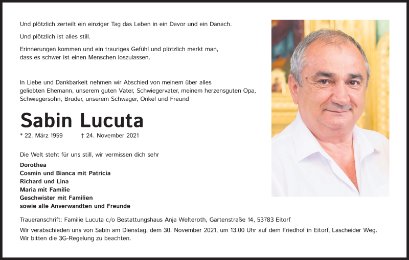  Traueranzeige für Sabin Lucuta vom 27.11.2021 aus Kölner Stadt-Anzeiger / Kölnische Rundschau / Express