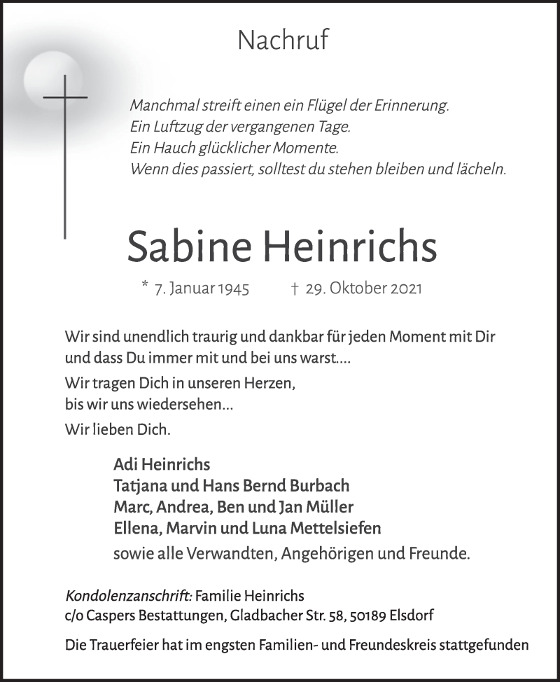  Traueranzeige für Sabine Heinrichs vom 26.11.2021 aus  Werbepost 