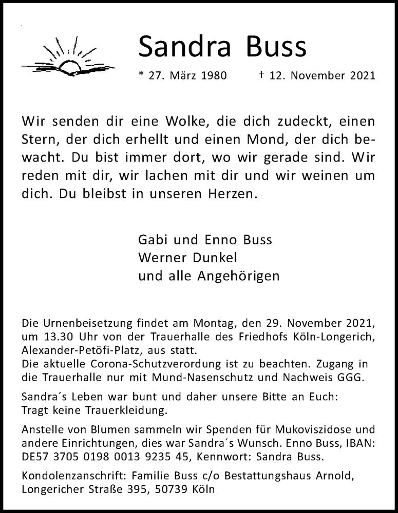  Traueranzeige für Sandra Buss vom 20.11.2021 aus Kölner Stadt-Anzeiger / Kölnische Rundschau / Express