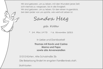 Anzeige von Sandra Heeg von Kölner Stadt-Anzeiger / Kölnische Rundschau / Express