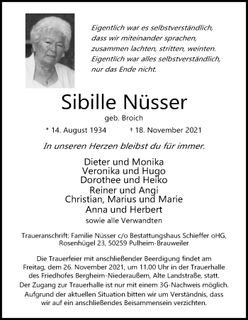 Anzeige von Sibille Nüsser von Kölner Stadt-Anzeiger / Kölnische Rundschau / Express