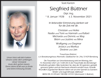 Anzeige von Siegfried Büttner von Kölner Stadt-Anzeiger / Kölnische Rundschau / Express