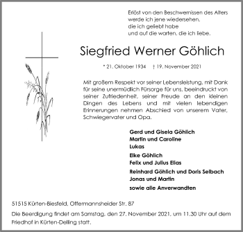 Anzeige von Siegfried Werner Göhlich von Kölner Stadt-Anzeiger / Kölnische Rundschau / Express
