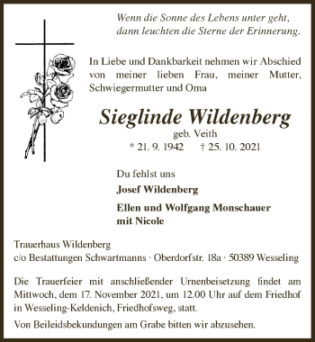 Anzeige von Sieglinde Wildenberg von  Kölner Wochenspiegel  Schlossbote/Werbekurier 