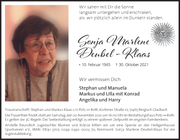 Anzeige von Sonja Marlene Deubel-Klaas von Kölner Stadt-Anzeiger / Kölnische Rundschau / Express