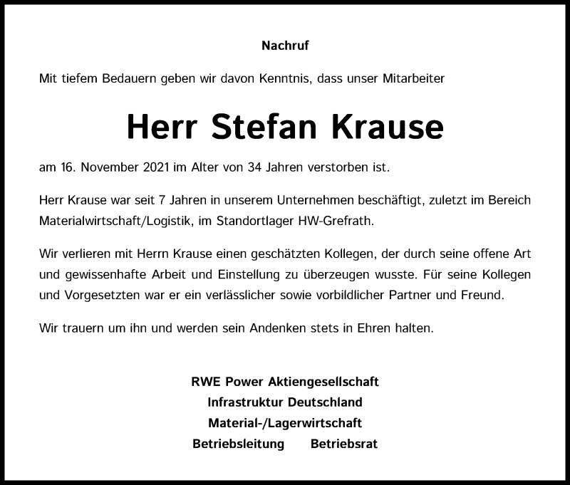  Traueranzeige für Stefan Krause vom 01.12.2021 aus Kölner Stadt-Anzeiger / Kölnische Rundschau / Express