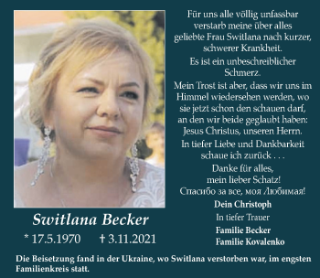 Anzeige von Switlana Becker von  Lokalanzeiger 
