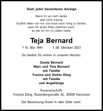 Anzeige von Teja Bernard von Kölner Stadt-Anzeiger / Kölnische Rundschau / Express
