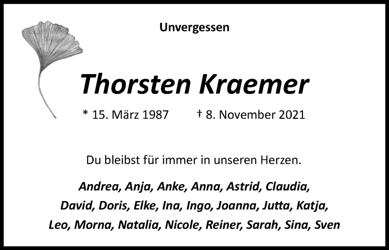  Traueranzeige für Thorsten Kraemer vom 20.11.2021 aus Kölner Stadt-Anzeiger / Kölnische Rundschau / Express