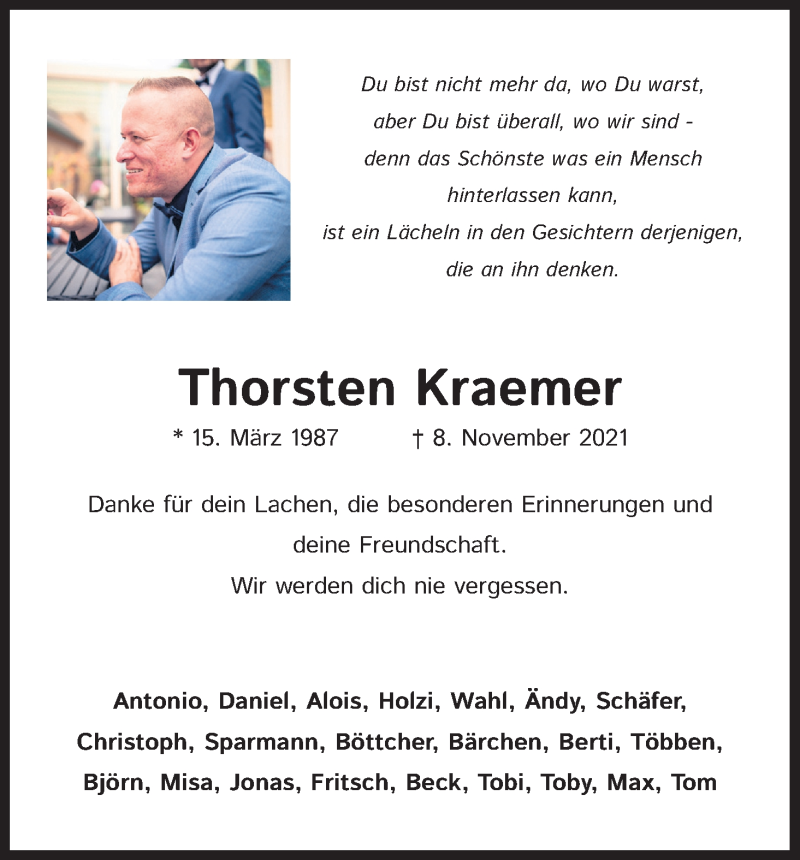  Traueranzeige für Thorsten Kraemer vom 20.11.2021 aus Kölner Stadt-Anzeiger / Kölnische Rundschau / Express