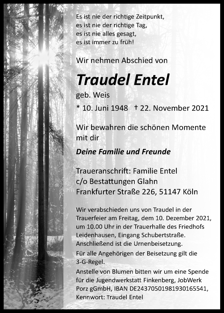  Traueranzeige für Traudel Entel vom 27.11.2021 aus Kölner Stadt-Anzeiger / Kölnische Rundschau / Express