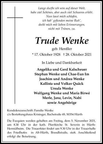 Anzeige von Trude Wenke von Kölner Stadt-Anzeiger / Kölnische Rundschau / Express