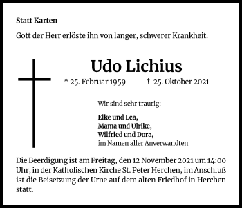 Anzeige von Udo Lichius von Kölner Stadt-Anzeiger / Kölnische Rundschau / Express