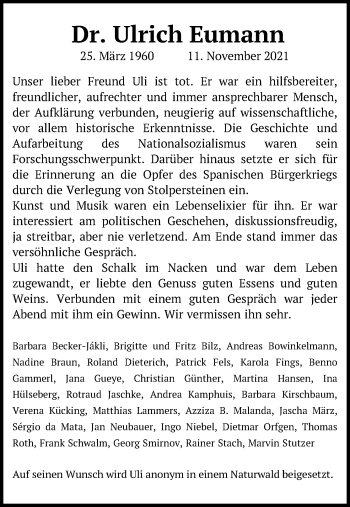 Anzeige von Ulrich Eumann von Kölner Stadt-Anzeiger / Kölnische Rundschau / Express