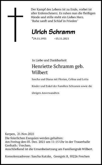 Anzeige von Ulrich Schramm von Kölner Stadt-Anzeiger / Kölnische Rundschau / Express