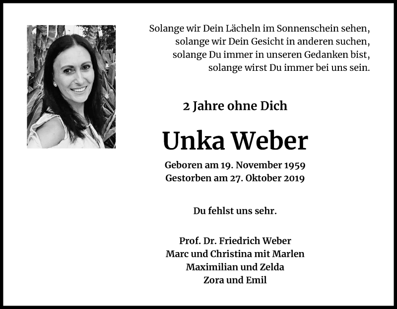  Traueranzeige für Unka Weber vom 19.11.2021 aus Kölner Stadt-Anzeiger / Kölnische Rundschau / Express