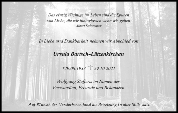 Anzeige von Ursula Bartsch-Lützenkirchen von Kölner Stadt-Anzeiger / Kölnische Rundschau / Express