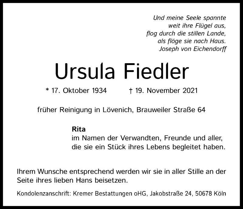  Traueranzeige für Ursula Fiedler vom 27.11.2021 aus Kölner Stadt-Anzeiger / Kölnische Rundschau / Express