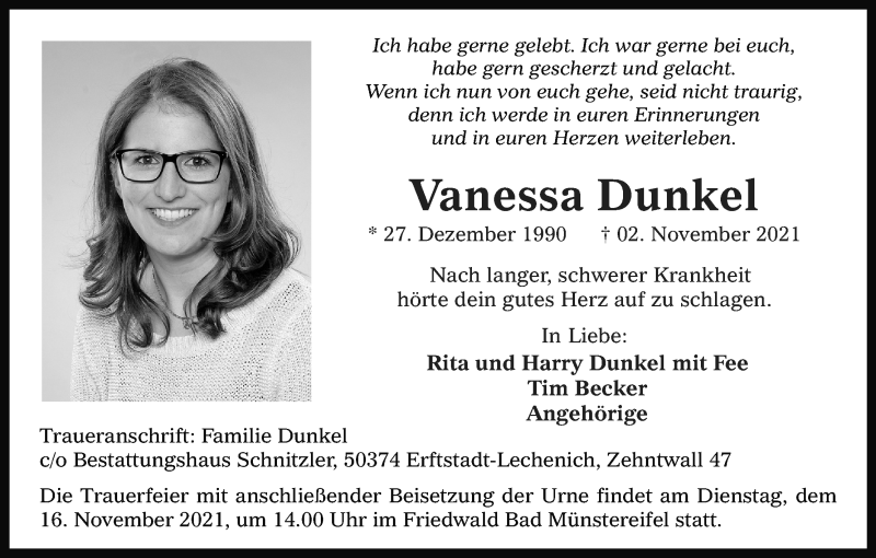  Traueranzeige für Vanessa Dunkel vom 06.11.2021 aus Kölner Stadt-Anzeiger / Kölnische Rundschau / Express