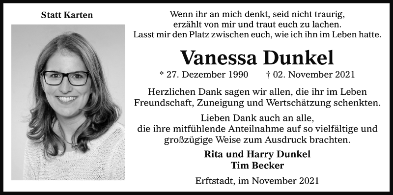 Traueranzeige für Vanessa Dunkel vom 27.11.2021 aus Kölner Stadt-Anzeiger / Kölnische Rundschau / Express