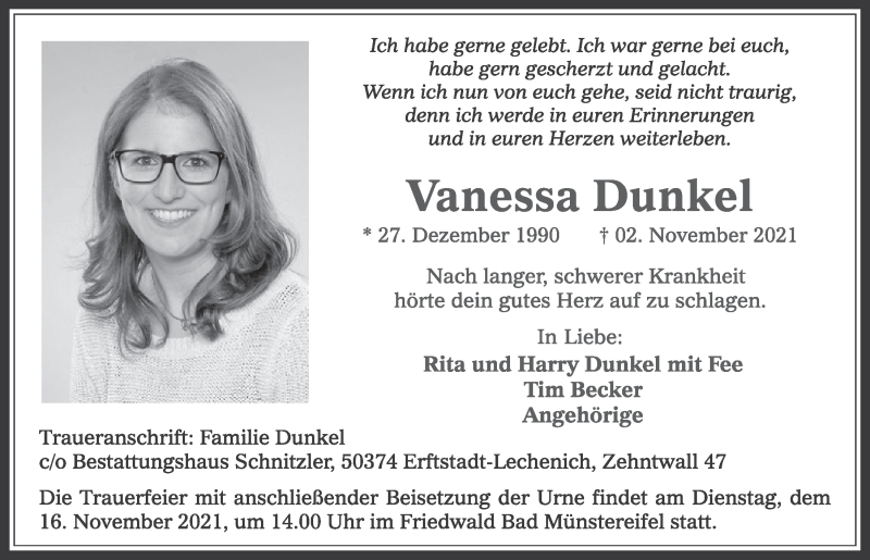  Traueranzeige für Vanessa Dunkel vom 13.11.2021 aus  Werbepost 