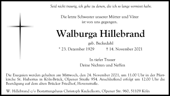 Anzeige von Walburga Hillebrand von Kölner Stadt-Anzeiger / Kölnische Rundschau / Express