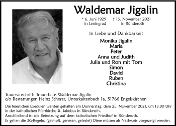 Anzeige von Waldemar Jigalin von  Anzeigen Echo 