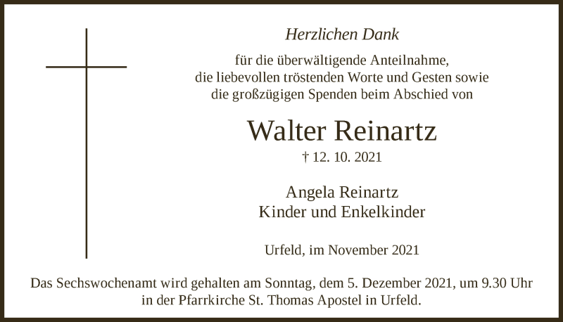  Traueranzeige für Walter Reinartz vom 26.11.2021 aus  Schlossbote/Werbekurier 