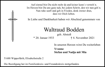 Anzeige von Waltraud Bodden von Kölner Stadt-Anzeiger / Kölnische Rundschau / Express