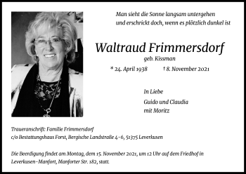 Anzeige von Waltraud Frimmersdorf von Kölner Stadt-Anzeiger / Kölnische Rundschau / Express