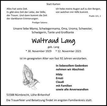 Anzeige von Waltraud Lang von Kölner Stadt-Anzeiger / Kölnische Rundschau / Express