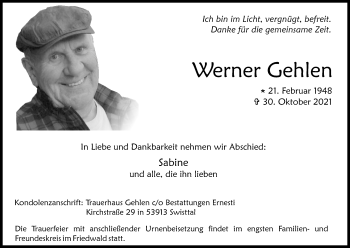 Anzeige von Werner Gehlen von Kölner Stadt-Anzeiger / Kölnische Rundschau / Express