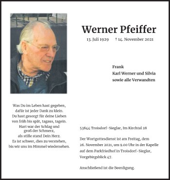 Anzeige von Werner Pfeiffer von Kölner Stadt-Anzeiger / Kölnische Rundschau / Express