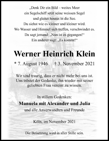 Anzeige von Werner Heinrich Klein von Kölner Stadt-Anzeiger / Kölnische Rundschau / Express