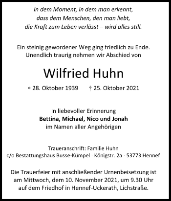 Anzeige von Wilfried Huhn von Kölner Stadt-Anzeiger / Kölnische Rundschau / Express
