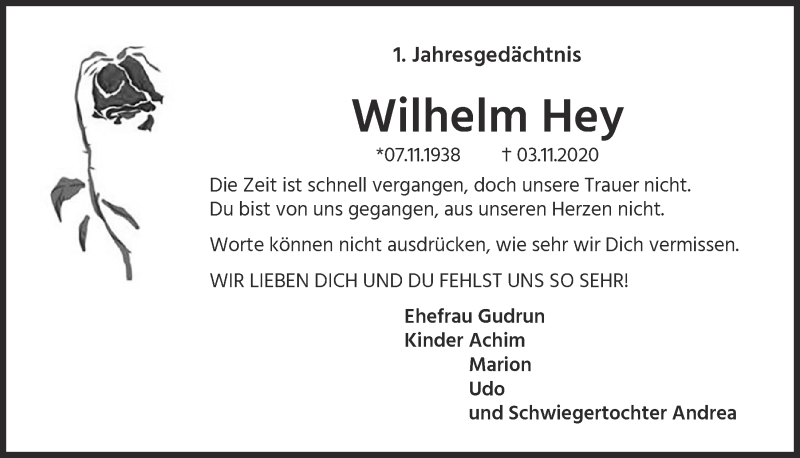  Traueranzeige für Wilhelm Hey vom 05.11.2021 aus  Kölner Wochenspiegel 