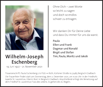 Anzeige von Wilhelm-Joseph Eschenberg von Kölner Stadt-Anzeiger / Kölnische Rundschau / Express