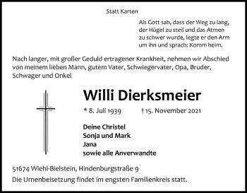 Anzeige von Willi Dierksmeier von Kölner Stadt-Anzeiger / Kölnische Rundschau / Express