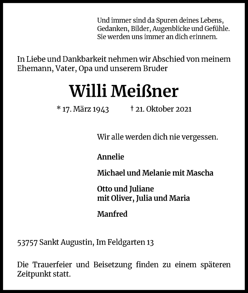  Traueranzeige für Willi Meißner vom 06.11.2021 aus Kölner Stadt-Anzeiger / Kölnische Rundschau / Express
