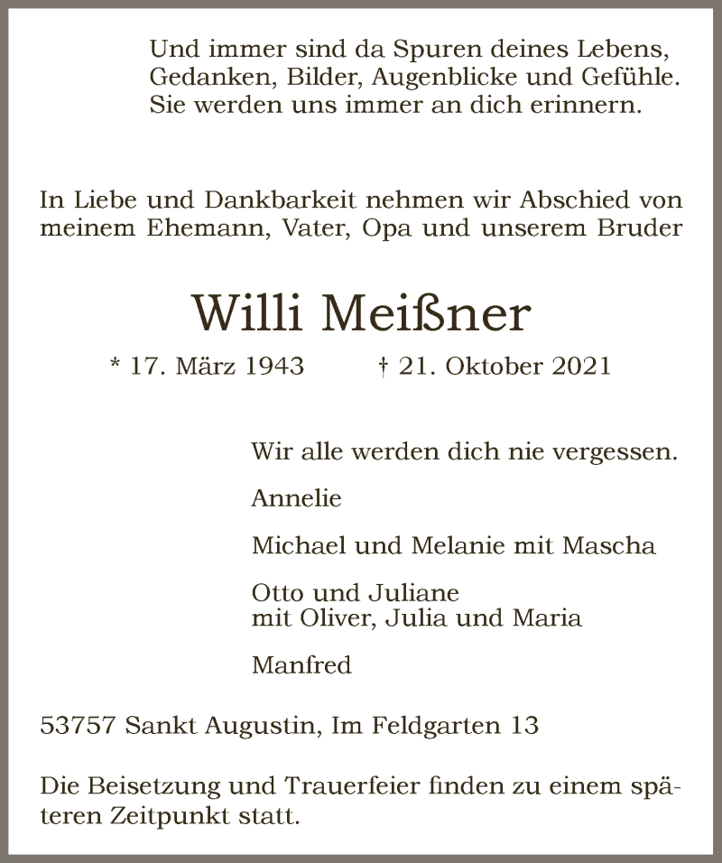  Traueranzeige für Willi Meißner vom 05.11.2021 aus  Extra Blatt 