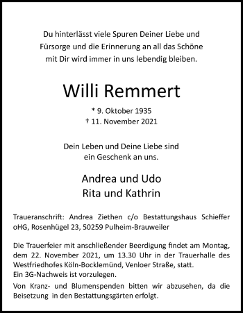 Anzeige von Willi Remmert von Kölner Stadt-Anzeiger / Kölnische Rundschau / Express