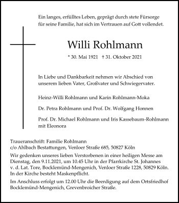 Anzeige von Willi Rohlmann von Kölner Stadt-Anzeiger / Kölnische Rundschau / Express