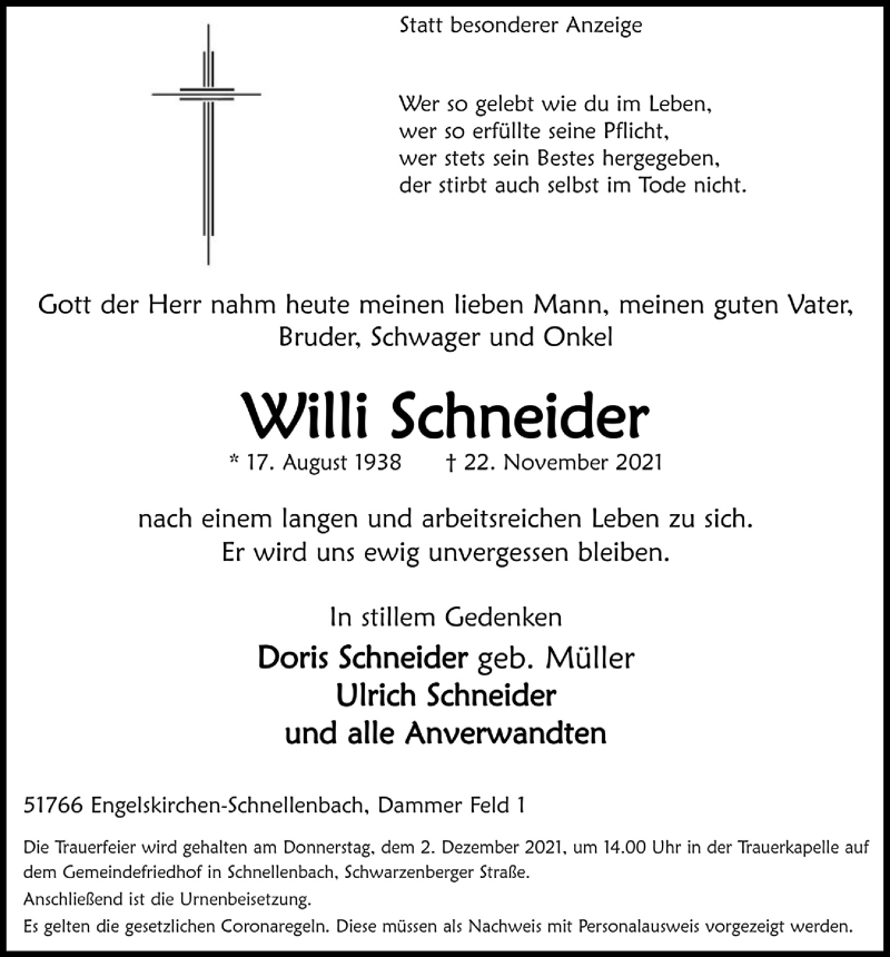  Traueranzeige für Willi Schneider vom 26.11.2021 aus  Anzeigen Echo 