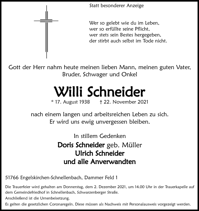  Traueranzeige für Willi Schneider vom 27.11.2021 aus Kölner Stadt-Anzeiger / Kölnische Rundschau / Express
