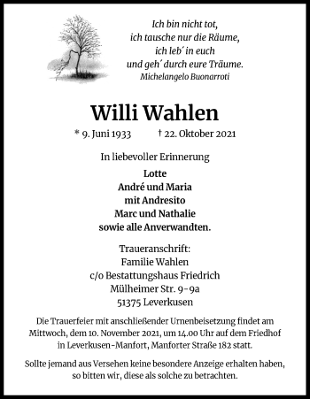 Anzeige von Willi Wahlen von Kölner Stadt-Anzeiger / Kölnische Rundschau / Express