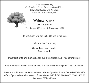 Anzeige von Wilma Kaiser von  Anzeigen Echo 