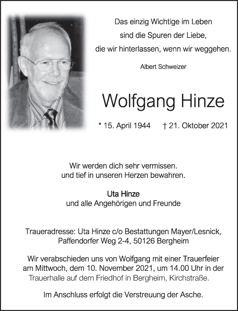  Traueranzeige für Wolfgang Hinze vom 05.11.2021 aus  Werbepost 