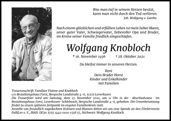 Anzeige von Wolfgang Knobloch von Kölner Stadt-Anzeiger / Kölnische Rundschau / Express