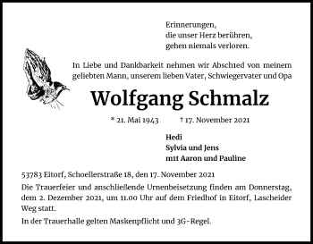 Anzeige von Wolfgang Schmalz von Kölner Stadt-Anzeiger / Kölnische Rundschau / Express
