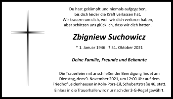 Anzeige von Zbigniew Suchowicz von  Kölner Wochenspiegel 